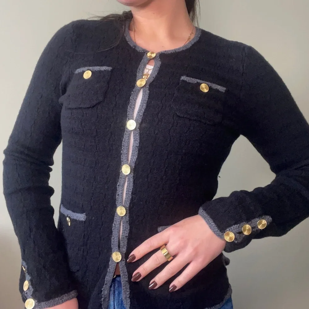 TRINA TURK Black Knit 100%‎ Wool Cardigan Blazer Gold Button Pockets Size S